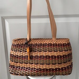 Fossil Leather Woven Baguette Bag Brown Burgundy Beige